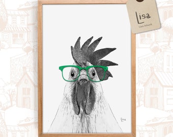 chicken, farm animal prints, animal with glasses, animal art print, printable wall art,