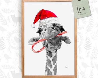 printable Weihnachten, Weihnachtskarten, Giraffe, Tierkunst, Weihnachtsschmuck, Wandkunst, Poster, Weihnachtskarten