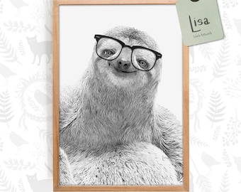 sloth, sloth gifts, printable art, wall art printable, modern art print, animal with glasses, black and white animal, animal art print