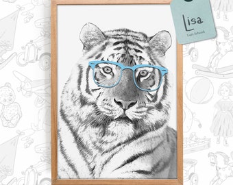 tiger print, printable wall art, Animal art print, Animal wall art, animals with glasses, black and white print, Jungle animals,