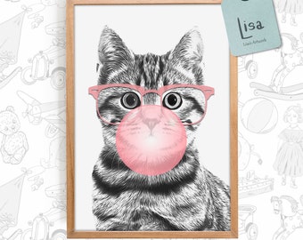 cat wall art, Bubble Gum, cat prints, cat painting, nursery print, pet print, nursery wall art, baby girl nursery, wall decor, wall art