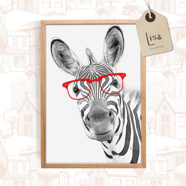 zebra art print nursery, black and white prints, animal with glasses, printable poster, printable nursery, zebra wall art