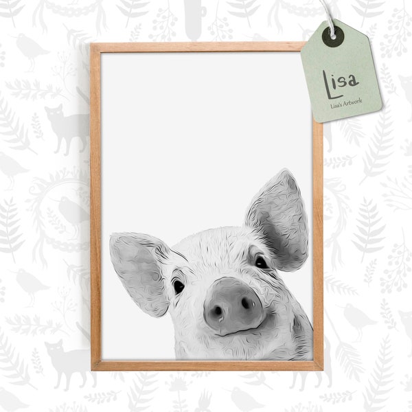 pig print, farm animal prints, black and white animal, animal art print, printable wall art, affordable wall art,