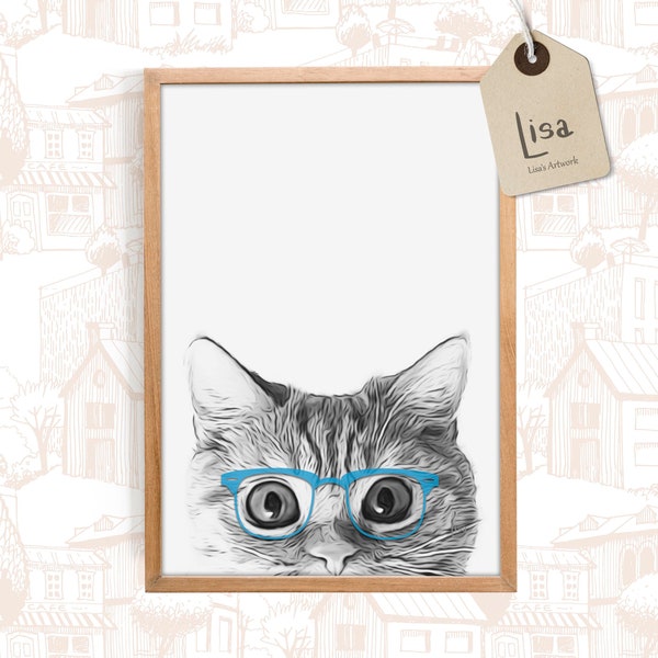 cat with glasses, animal prints, hipster animal, printable wall art, animal wall art, animal art print, cat print, animal nursery print,