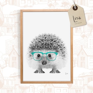 Hedgehog print, farm animal prints, animal with glasses, animal art print, printable wall art, Baby room decor, country decor