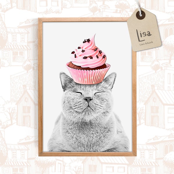 kitchen, funny cat, cupcake, wall decor, cat art, cat print, wall decor prints, kitchen wall decor, kids room decor, coffee bar print