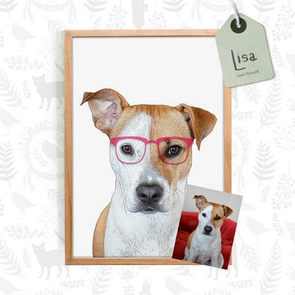 custom pet portrait from photo with glasses, Pet Drawing, animal art print, drawing from photo, dog memorial