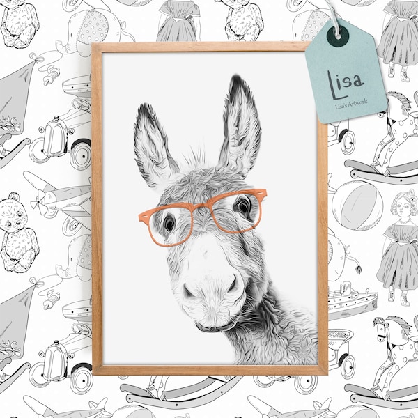 donkey, birthday gift, gift for kids, printable art, printable baby animals, downloadable prints, living room decor