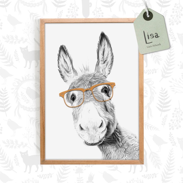 farm animal prints, donkey painting, donkey print, animal with glasses, caramel color art, animal art print, printable wall art