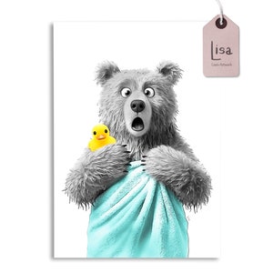 badkamerkunst, kunst aan de muur beren, toilethumor, kinderbadkamer, dierenkunst, kunst aan de muur badkamer, kinderkunst badkamer, badkamerinrichting, badjas, handdoek