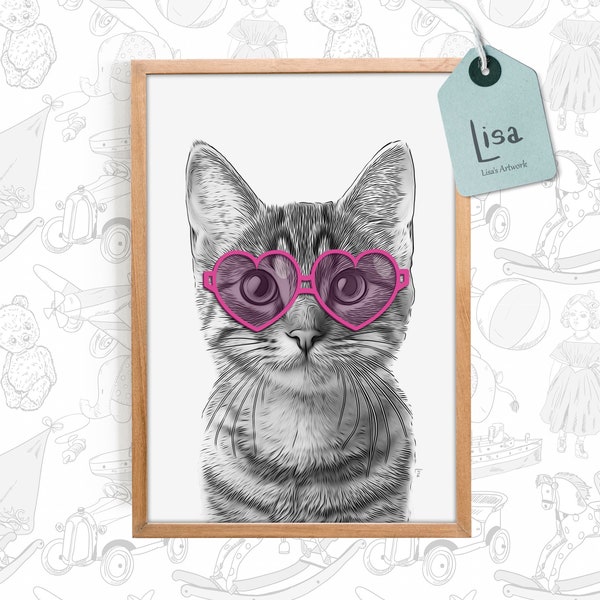 cat with glasses, animal prints, hipster animal, printable wall art, wall art, cat print, valentines day gifts, valentines day card