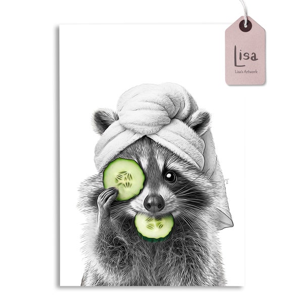 bathroom art, raccoon, spa decor, Toilet Humor, Kids Bathroom, bathroom wall art, bathroom kids art, bathroom decor, bathrobe, towel