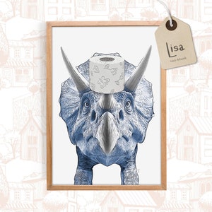 bathroom art, triceratops, dinosaur, bathroom wall art, bathroom kids art, bathroom decor, bathroom wall decor, animal art, toilet paper