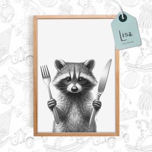 kitchen decor wall art, funny raccoon,  kitchen wall decor, kids room decor, coffee bar print, kitchen art, kitchen art print, Dining Room