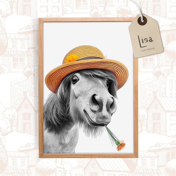 Whimsical Horse in Straw Hat Printable Art for Nursery Décor, Wall Art, clothes, wall decor