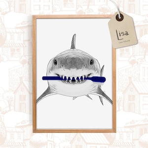 bathroom art, brushing teeth, shark, bathroom wall art, bathroom kids art, bathroom wall decor, toothbrush, funny gift