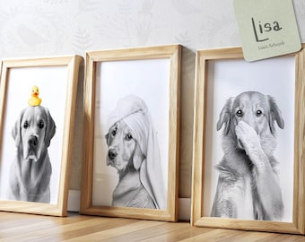 Golden Retriever Bathroom Prints Set - Printable Wall Art for Bathroom Decor