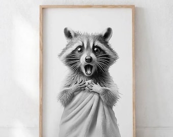 bathroom art, raccoon, Toilet Humor, Kids Bathroom, Animal Art, bathroom wall art, bathroom kids art, bathroom decor, bathrobe, towel