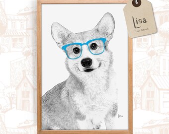 Corgi Print, dog prints, dog art print, dog with glasses, animal nursery art, animal wall art, animal print, nursery animal