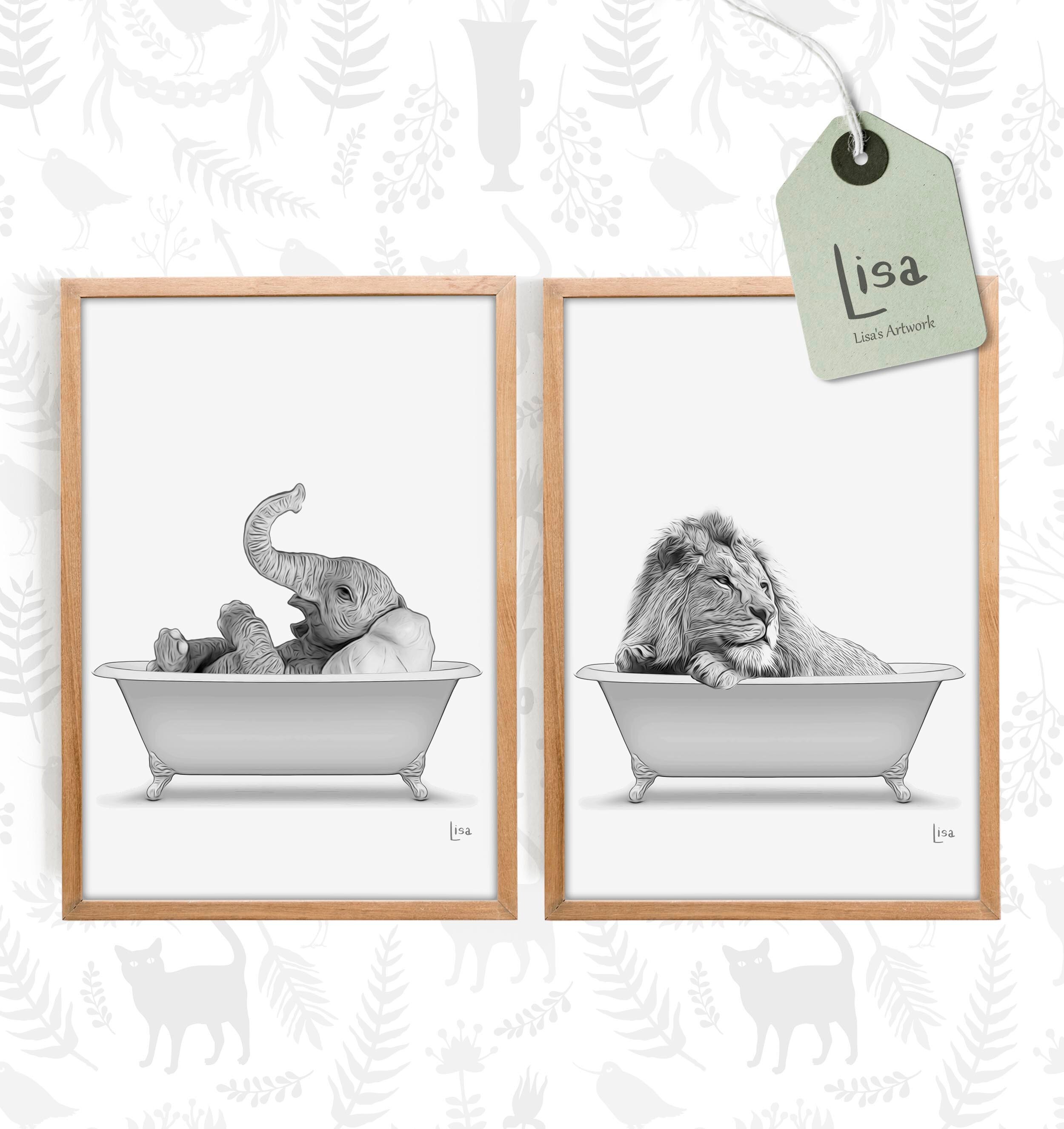 Set of 2 prints bathroom art elephant lion bathroom wall Etsy
