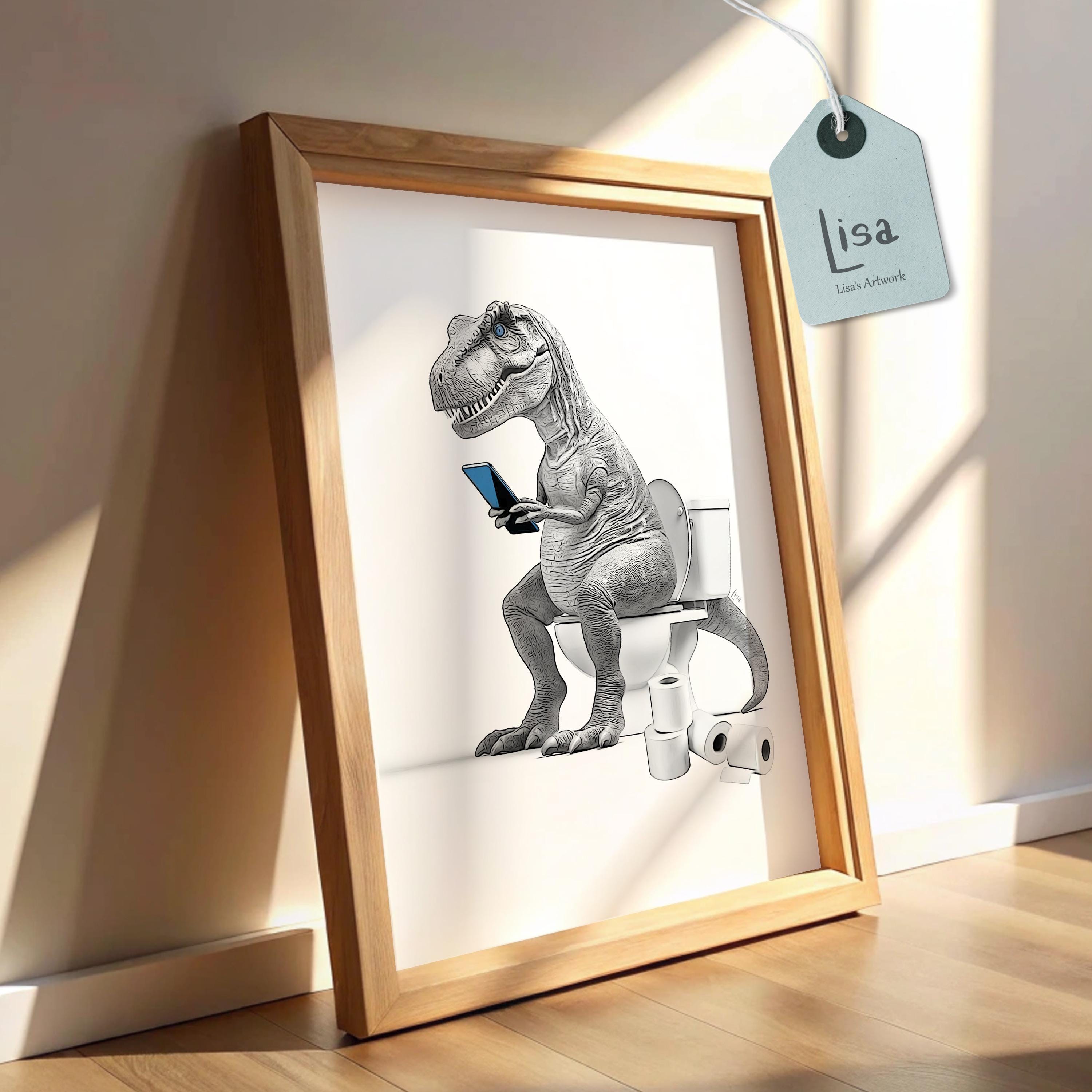 bathroom art, t-rex, dinosaur, dinosaur decor, bathroom wall art, bathroom kids art, bathroom decor, bathroom wall decor, toilet, phone