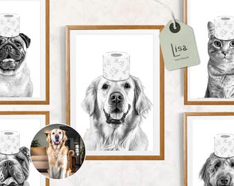 May include: Black and white framed art prints featuring various pets, including a pug, golden retriever, bulldog, and cat, each wearing a toilet paper roll on their head. The prints have a minimalist style with a white background and wooden frames.