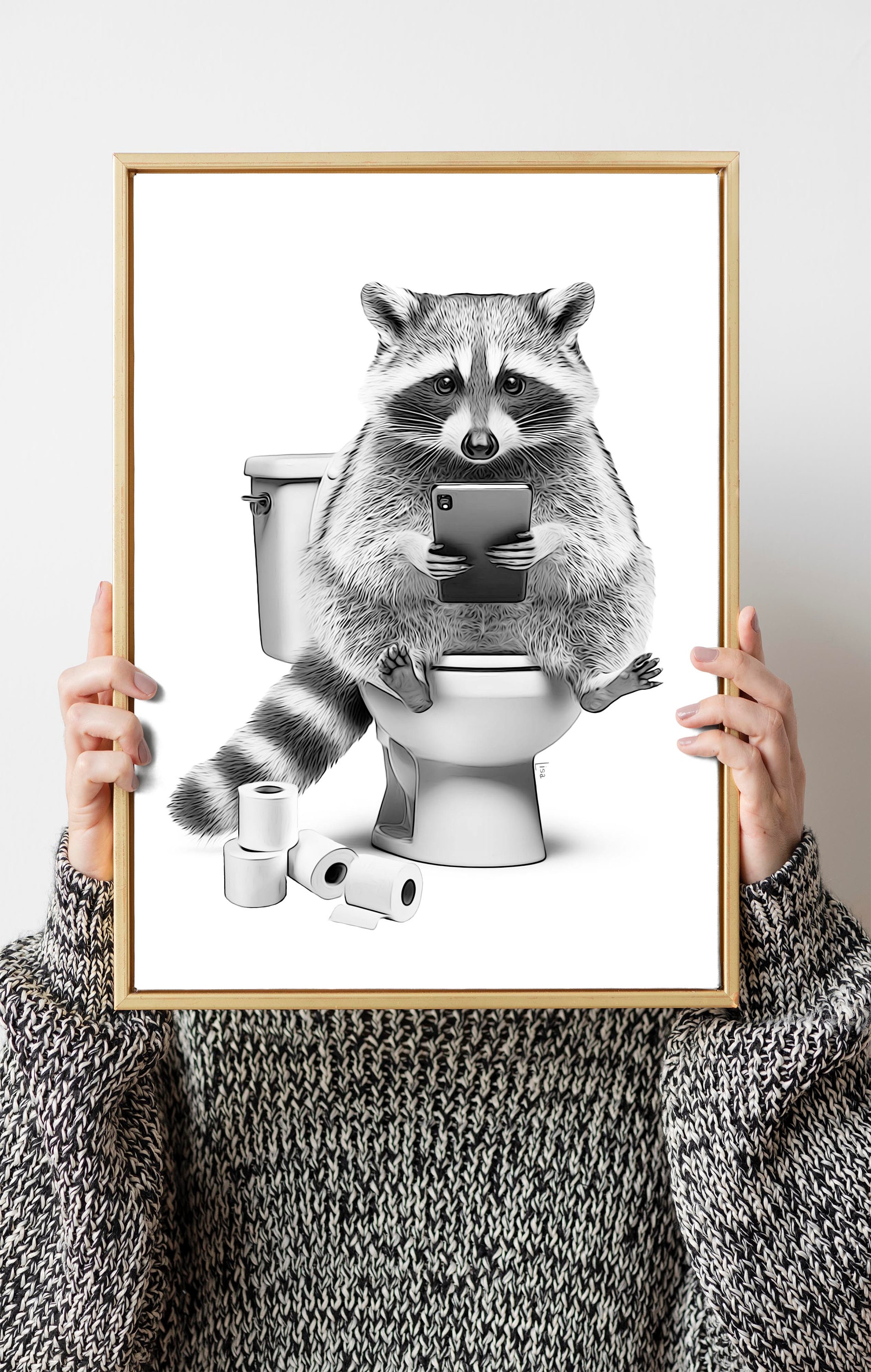 Bathroom Decor, Phone Wall - Art, Art, Bathroom Wall Toilet, Bathroom Animal Art, Bathroom Decor, Etsy Bathroom Raccoon, Art, Kids