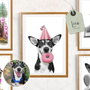 May include: A set of six framed prints featuring different dog portraits. The prints are in black and white and color, and feature dogs wearing hats, holding donuts, and reading books. The prints are all in a modern style and would look great in any home.