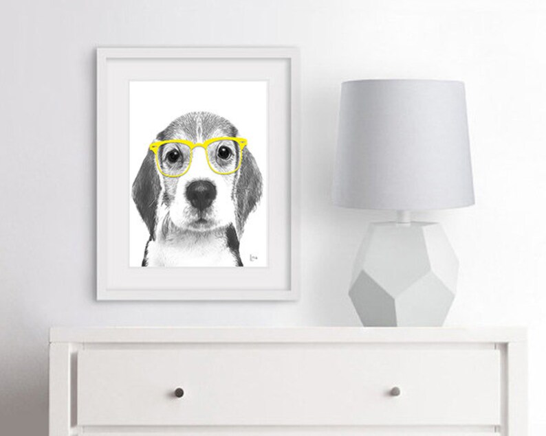 Beagle art dog prints dog art print dog with glasses | Etsy