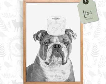 bathroom art, English Bulldog, toilet paper, bathroom wall art, bathroom kids art, bathroom decor, bathroom wall decor, toilet, dog