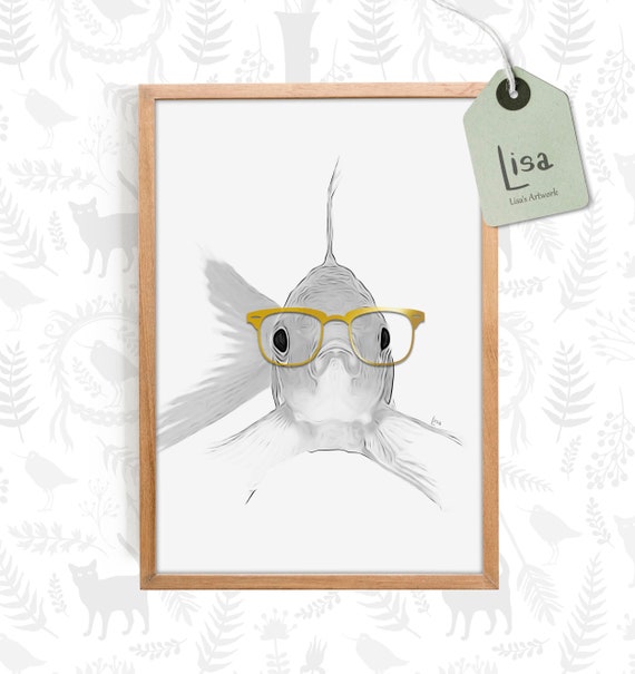 Fish, Bathroom Wall Art, Animal With Glasses, Animal Art Print