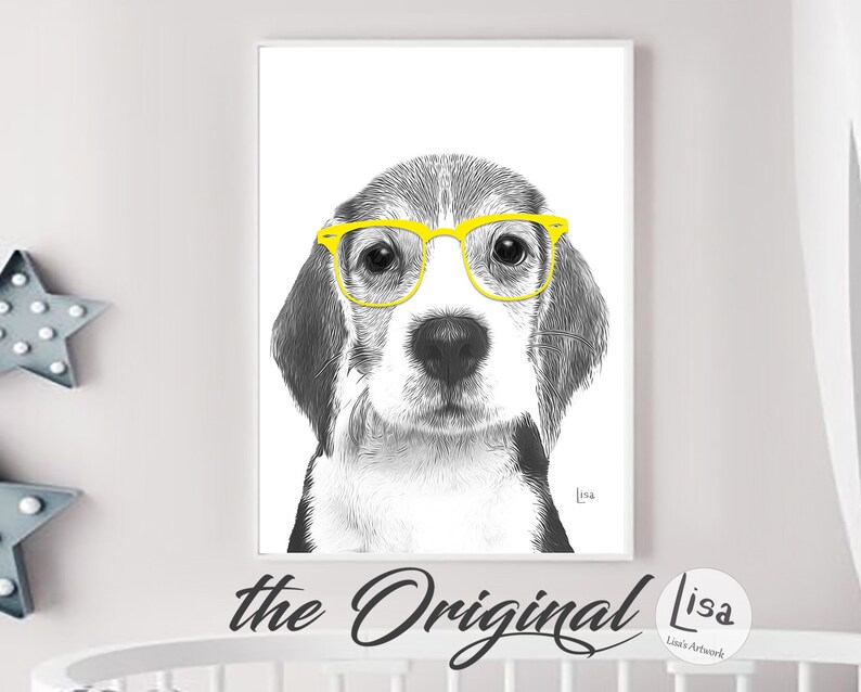 Beagle art dog prints dog art print dog with glasses | Etsy