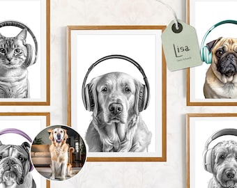 Custom Pet Portrait with Headphones, Dog or Cat Art (Digital Download)
