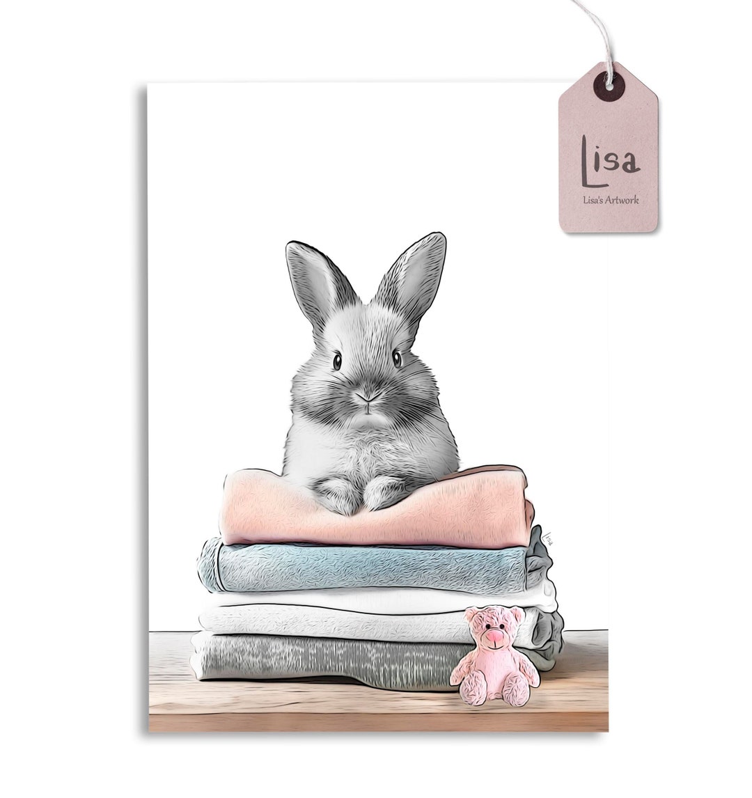 Bunny Laundry Room Decor Printable Wall Art of Cute Bunny With Folded ...