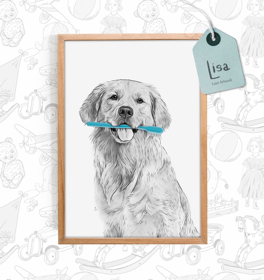 Golden Retriever, Dog Art, Brushing Teeth, Toothbrush, Printable Wall