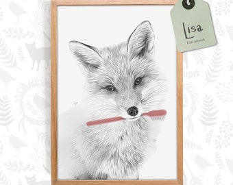 bathroom art, brushing teeth, fox print, fox art print, bathroom wall art, bathroom kids art, bathroom wall decor, toothbrush