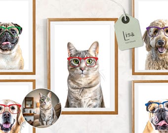 custom pet portrait from photo with glasses, Pet Drawing, animal art print, drawing from photo, dog memorial