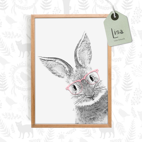 bunny print nursery, farm animal prints, animal with glasses, black and white animal art print, printable wall art, bunny art, woodland