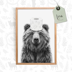 bathroom decor, bear, toilet paper, bathroom wall art, bathroom kids art, bathroom art, bathroom wall decor, animal art, toilet