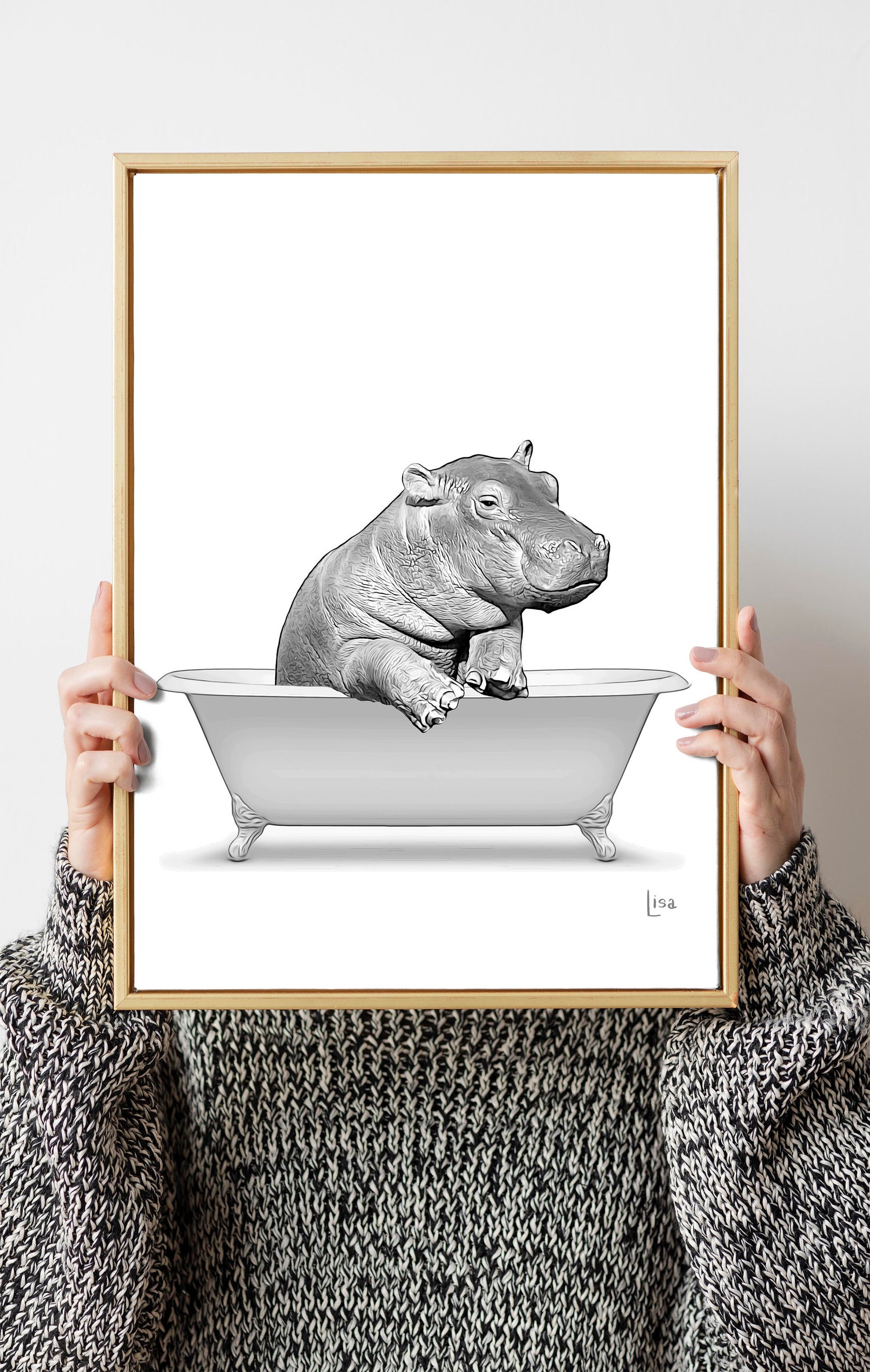 Bathroom Art Hippo Wall Decor Bathroom Wall Art Bathroom Etsy
