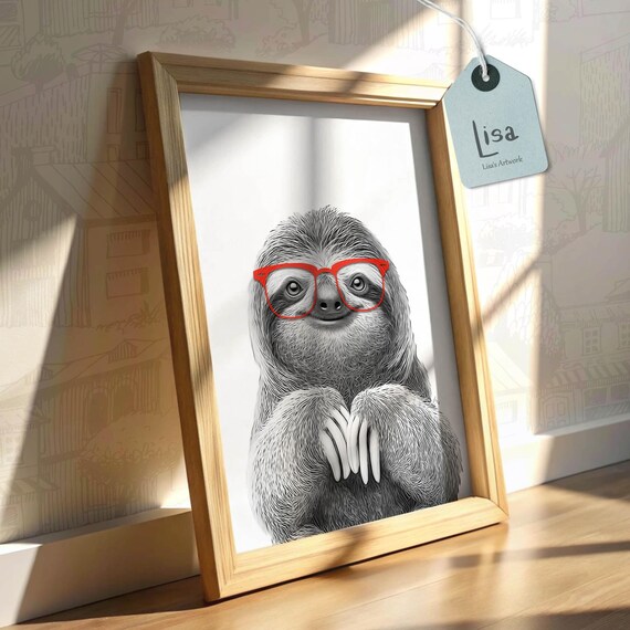 sloth, sloth gifts, printable art, wall art printable, modern art print, animal with glasses, black and white animal, animal art print