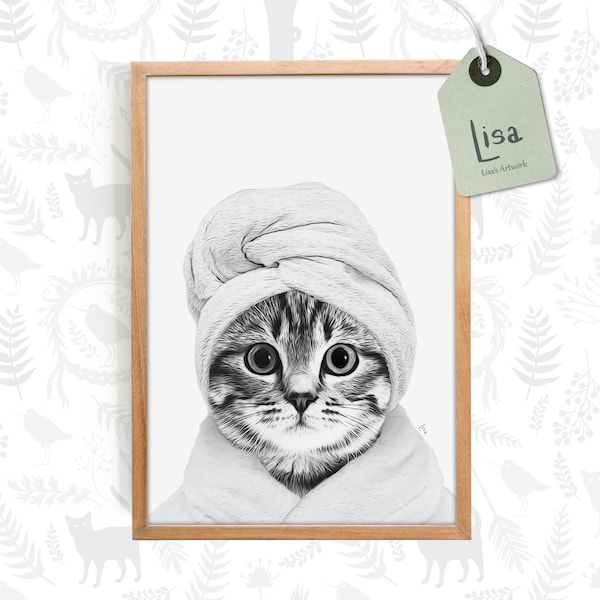 bathroom art, cat print, Toilet Humor, Kids Bathroom, cat art print, bathroom wall art, bathroom kids art, bathroom decor, bathrobe, towel