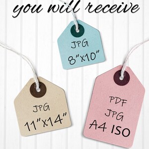 May include: Three paper tags with string attached, hanging on a white wood background. The tags are different colors and sizes. The top tag is light blue and says "JPG 8"x10"". The left tag is brown and says "JPG 11"x14"". The right tag is pink and says "PDF JPG A4 ISO".