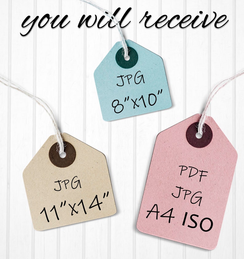 May include: Three paper tags with string attached, hanging on a white wood background. The tags are different colors and sizes. The top tag is light blue and says "JPG 8"x10"". The left tag is brown and says "JPG 11"x14"". The right tag is pink and says "PDF JPG A4 ISO".