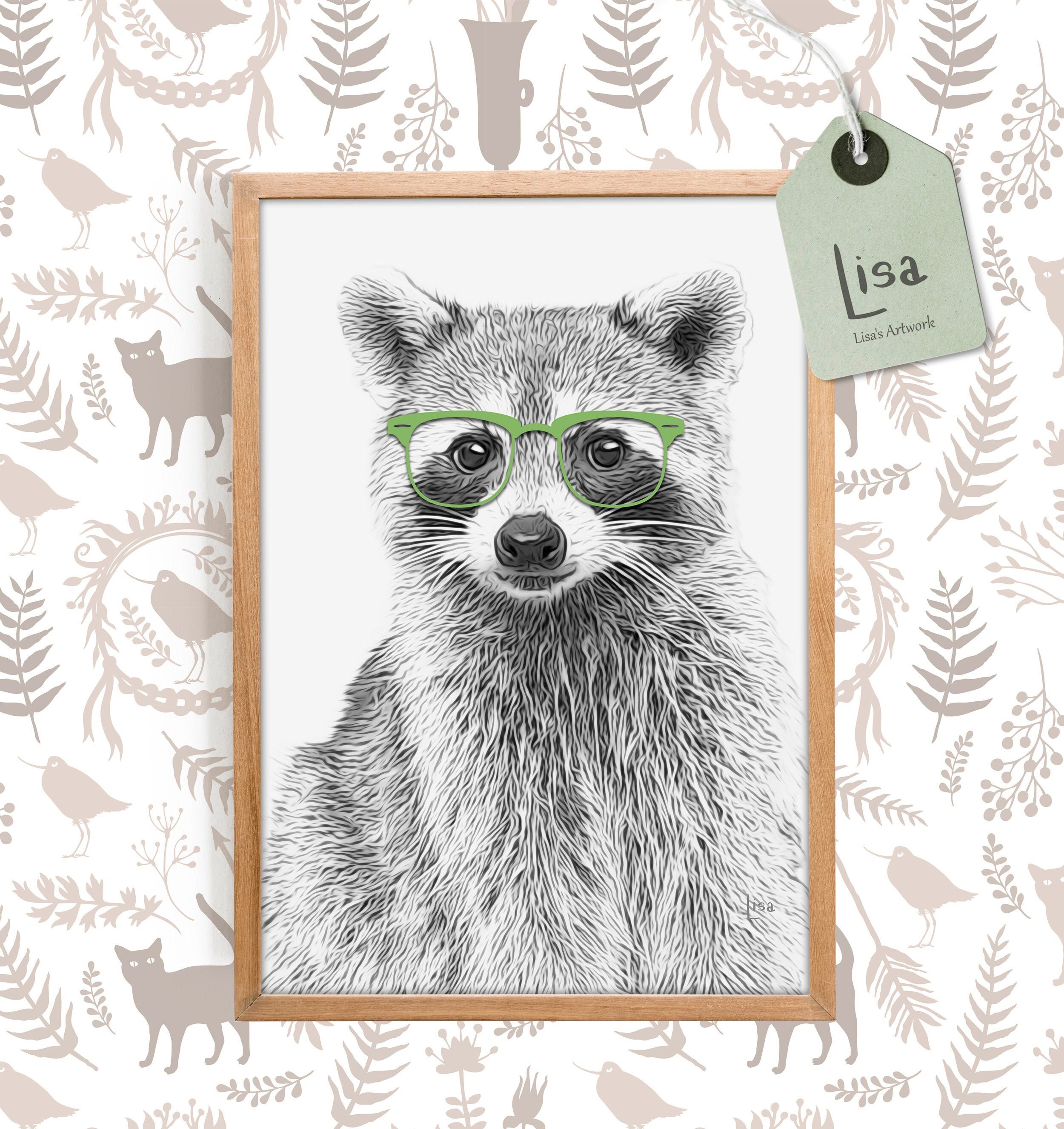 Raccoon Woodland Nursery Decor Animal With Glasses Animal Etsy