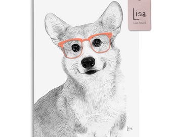 Corgi Print, dog prints, dog art print, dog with glasses, animal nursery art, animal wall art, animal print, nursery animal