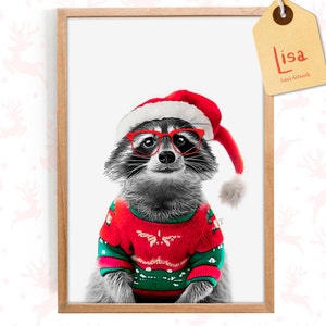 Natale con procione, biglietto di auguri, Natale stampabile, decorazioni natalizie da parete, cameretta per bambini, decorazioni natalizie per cameretta, maglione natalizio