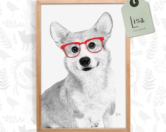 Corgi Print, wall decor, dog prints, posters, dog art print, dog with glasses, animal nursery art, animal wall art, animal print