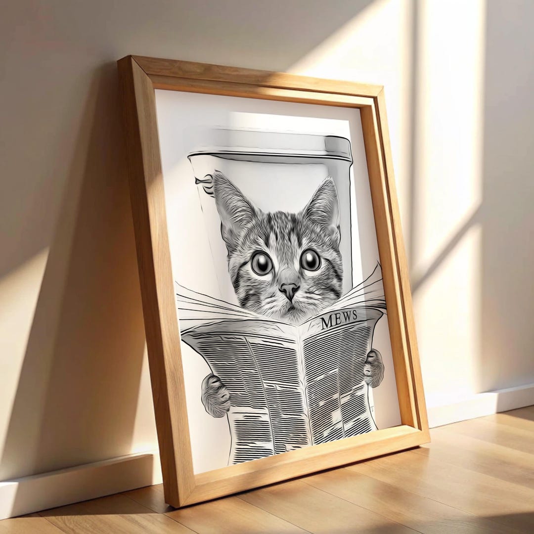 Tabby Cat Sitting on Toilet Reading Newspaper Print | Funny Bathroom ...