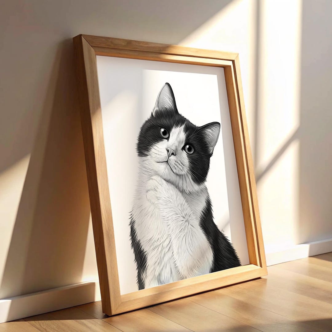 Tuxedo Cat Art Portrait Print | Playful Kitten Illustration (digital ...